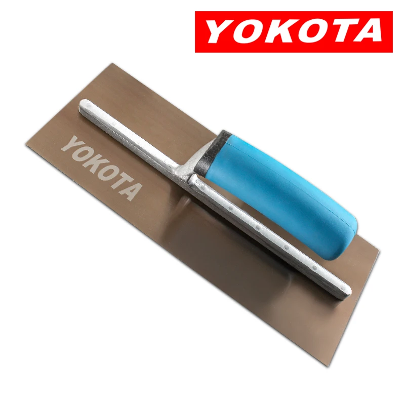Yokota trowel with blue plastic handle and gold plate steel